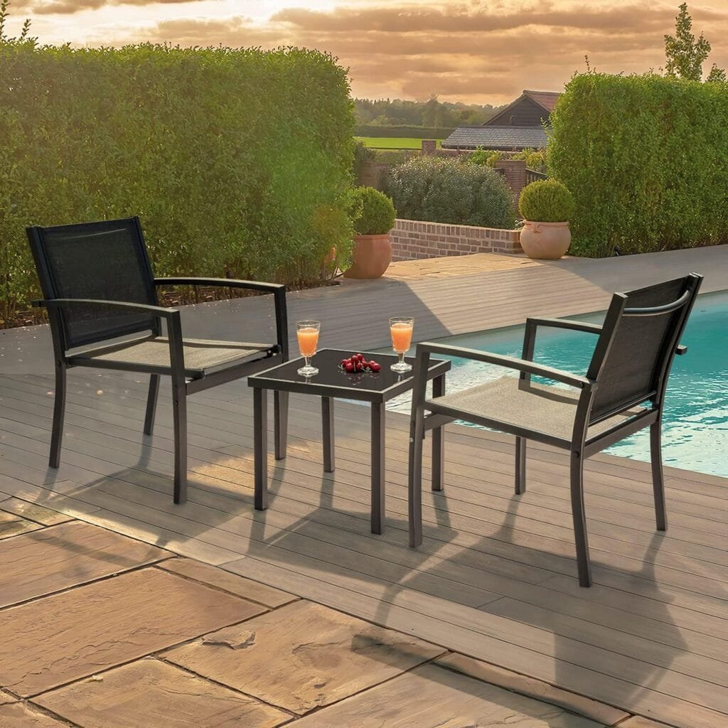 Greesum 3 Pieces Patio Furniture Outdoor Bistro Set Textilene Fabric Chairs for Lawn, Garden, Balcony, Poolside with A Glass Coffee Table, Black : Patio, Lawn  Garden