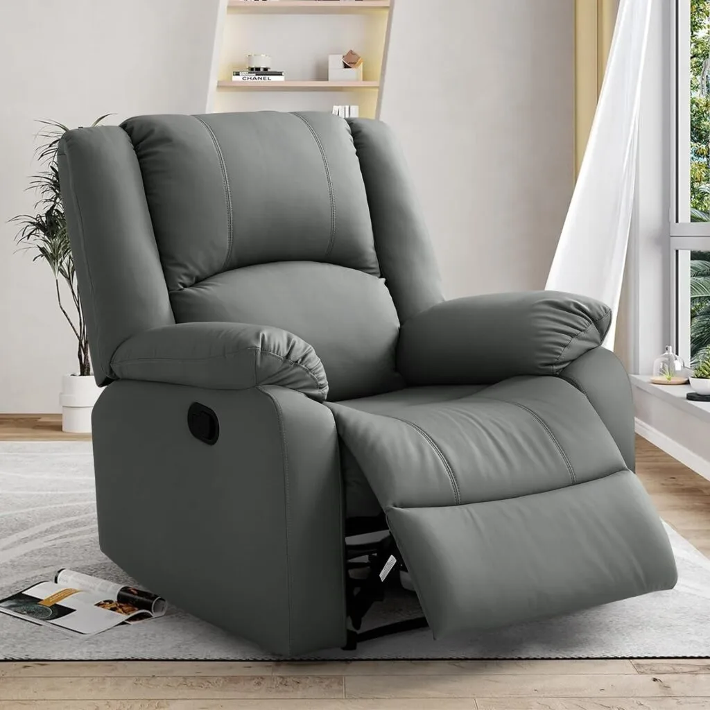 Grey Leather Recliner Chairs, Manual Recliner with Overstuffed Back and Arms for Adults, Living Room Chair, Lounge Chair with Upholstered Seat, Comfy Single Sofa Chair (Dark Grey) Grey Leather Recliner Chairs, Manual Recliner with Overstuffed Back and Arms for Adults, Living Room Chair, Lounge Chair with Upholstered Seat, Comfy Single Sofa Chair (Dark Grey)