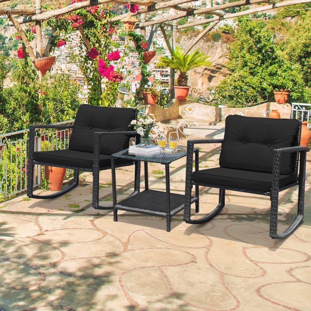 HAPPYGRILL 3-Piece Rocking Bistro Set Outdoor Patio Conversation Set with Rocking Chairs and Coffee Table, Rattan Wicker Furniture Set for Garden Lawn Backyard Balcony