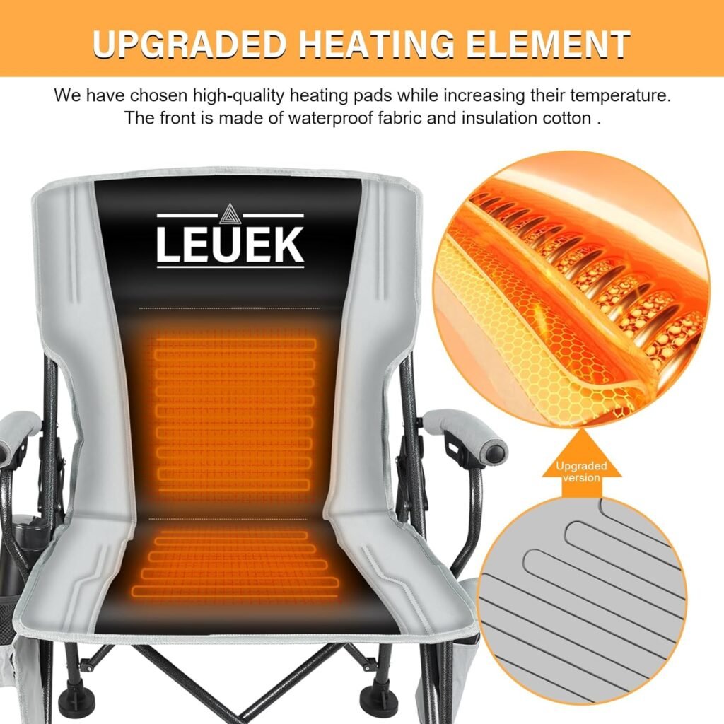 Heated Camping Chair, Heated Portable folding Chair with Battery PackCup Holder, Heats Back and Seat, 3 adjustable Heat Levels, Up to 300 lbs, Perfect for Outdoor Activities Sports, Beach, or Picnics