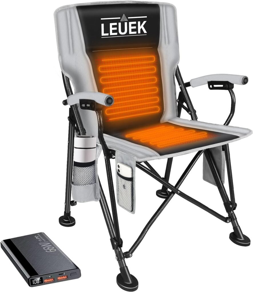 Heated Camping Chair, Heated Portable folding Chair with Battery PackCup Holder, Heats Back and Seat, 3 adjustable Heat Levels, Up to 300 lbs, Perfect for Outdoor Activities Sports, Beach, or Picnics