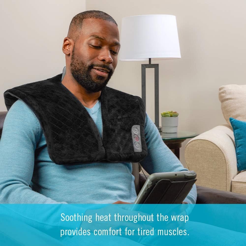 Homedics Comfort Pro Elite Heated Vibrating Massage Wrap Adjustable Intensity, Soft Fabric, Tension Relief Heat Therapy Heated Shoulder Massage, Relieves Neck, Upper Back  Shoulders (Short)