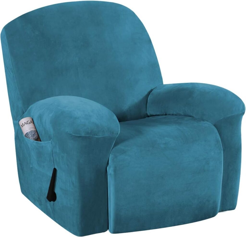 H.VERSAILTEX 1 Piece Stretch Real Super Velvet Plush Recliner Slipcovers, Recliner Chair Cover, Recliner Cover Furniture Protector Elastic Bottom, Recliner Slipcover with Side Pocket, Peacock Blue