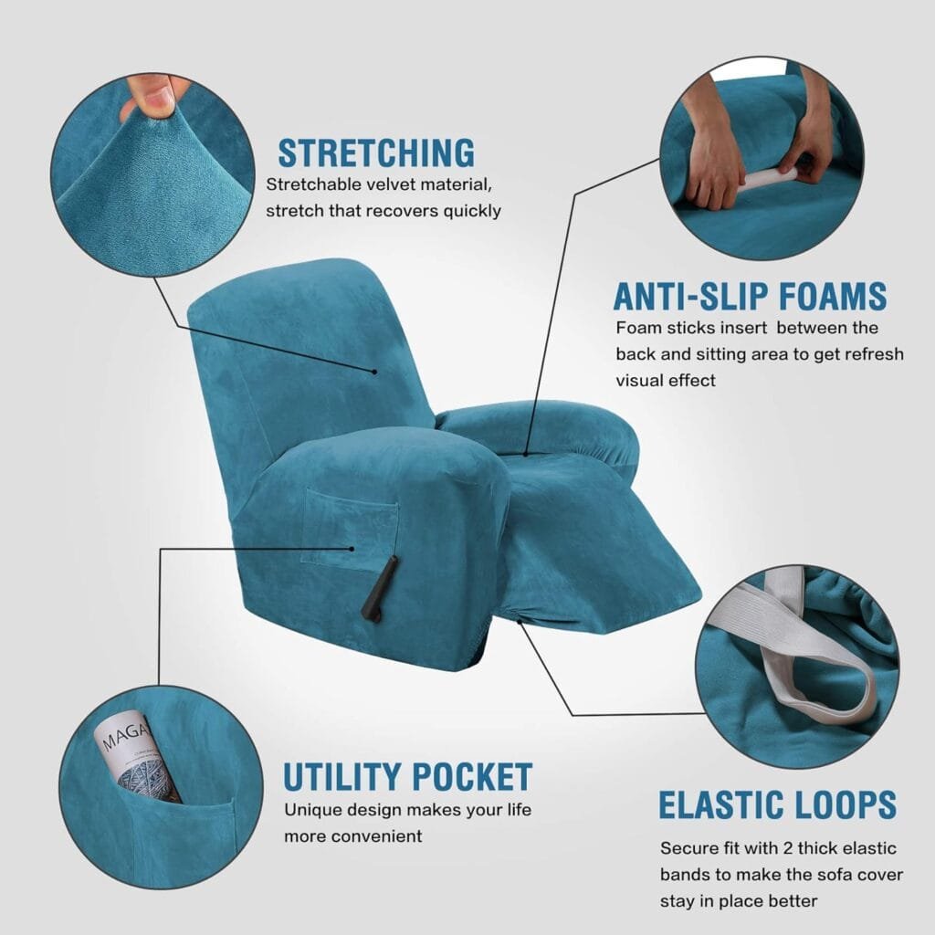 H.VERSAILTEX 1 Piece Stretch Real Super Velvet Plush Recliner Slipcovers, Recliner Chair Cover, Recliner Cover Furniture Protector Elastic Bottom, Recliner Slipcover with Side Pocket, Peacock Blue