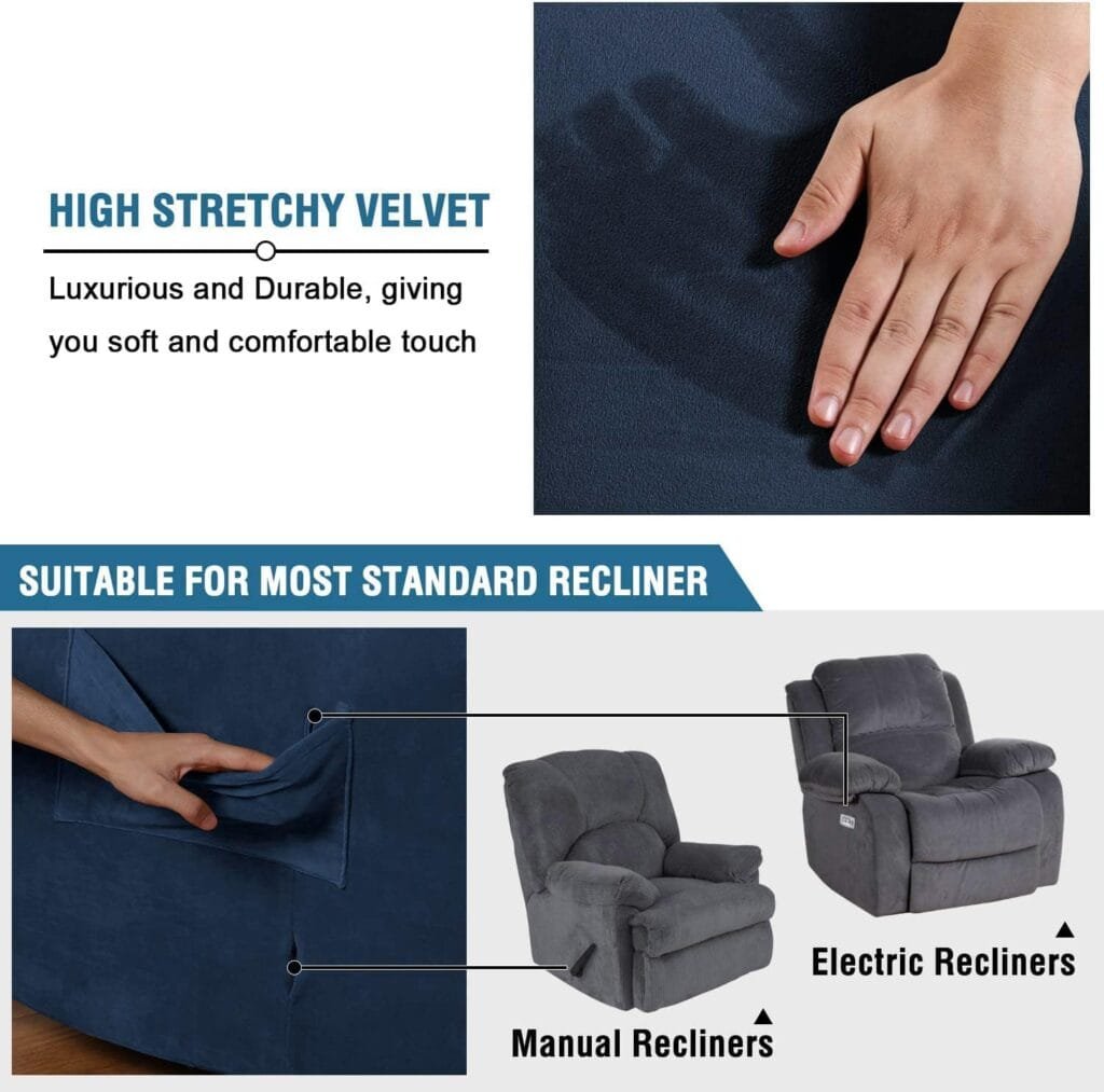 H.VERSAILTEX 1 Piece Stretch Real Super Velvet Plush Recliner Slipcovers, Recliner Chair Cover, Recliner Cover Furniture Protector Elastic Bottom, Recliner Slipcover with Side Pocket, Peacock Blue