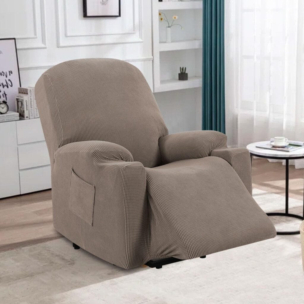 H.VERSAILTEX Stretch Couch Cover Recliner Cover Electric Power Lift Recliner Chair Cover Fitted Standard Large Power Lift Recliner with Side Pocket, Soft Thick Jacquard(Single Seat, Taupe)