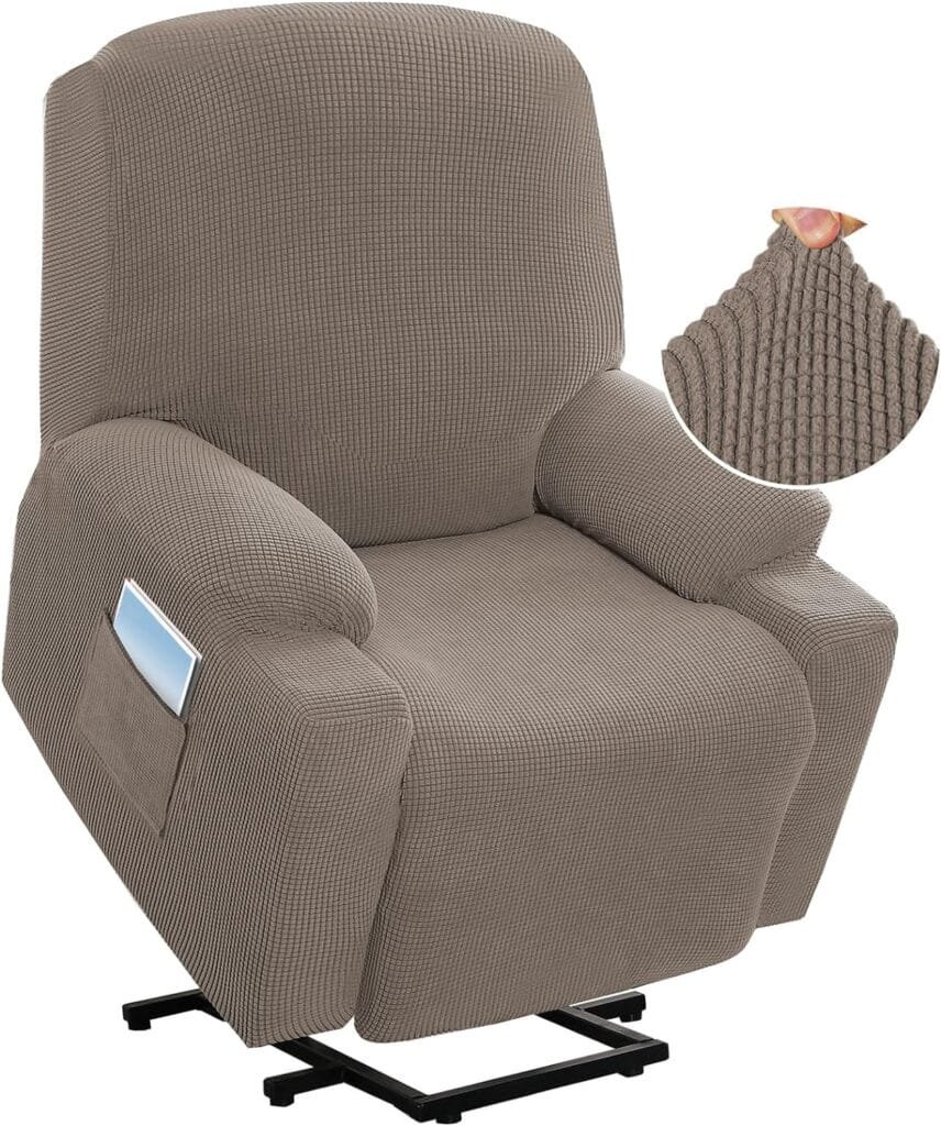 H.VERSAILTEX Stretch Couch Cover Recliner Cover Electric Power Lift Recliner Chair Cover Fitted Standard Large Power Lift Recliner with Side Pocket, Soft Thick Jacquard(Single Seat, Taupe)
