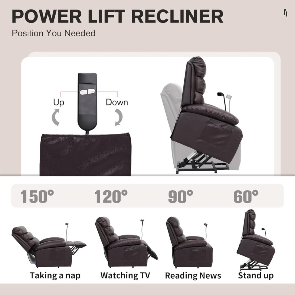 hzlagm Lift Chairs Recliners for Elderly, Power Lift Recliner with Remote Control, Single Sofa Chair with Footrest and Side Pocket, Faux Leather (Cherrywood)