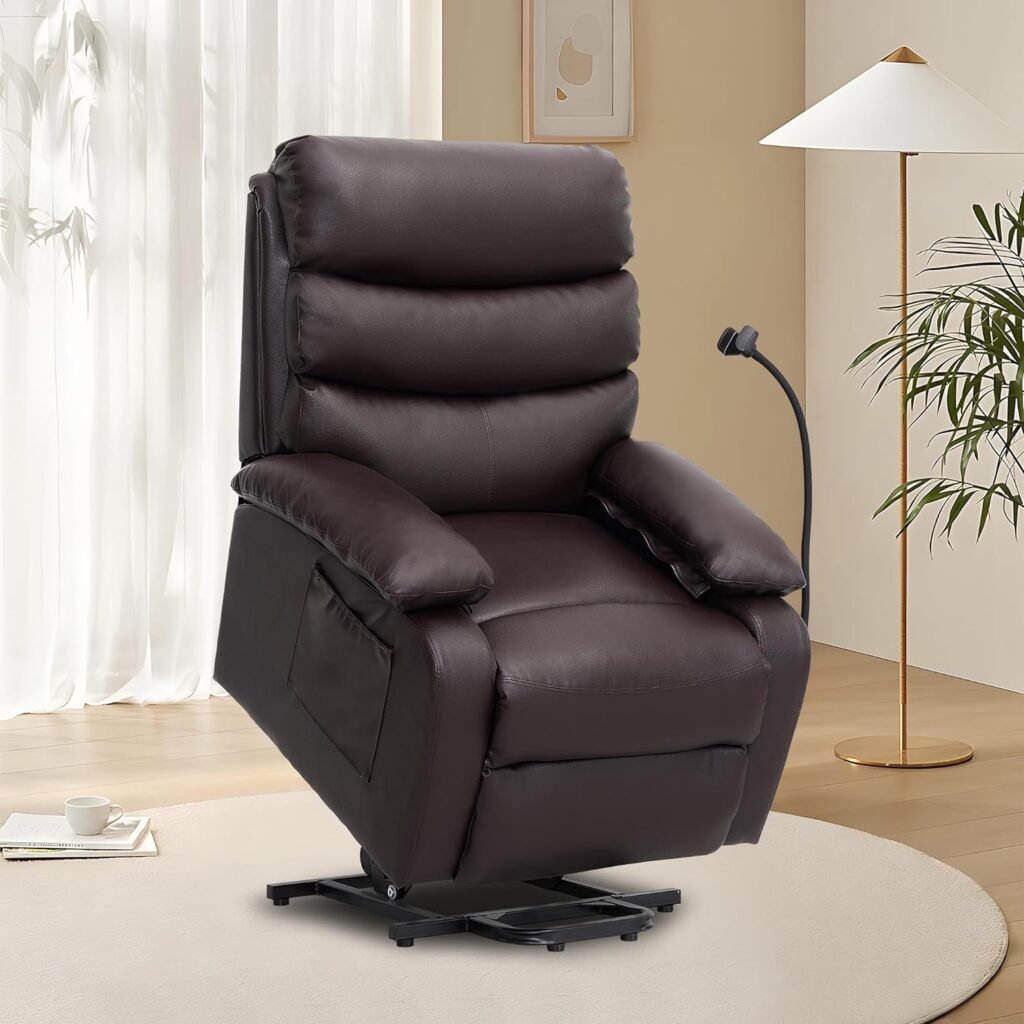 hzlagm Lift Chairs Recliners for Elderly, Power Lift Recliner with Remote Control, Single Sofa Chair with Footrest and Side Pocket, Faux Leather (Cherrywood)