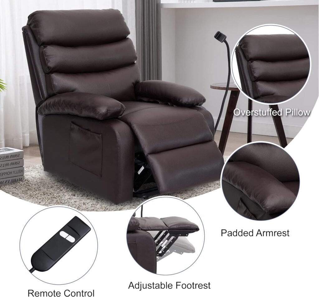 hzlagm Lift Chairs Recliners for Elderly, Power Lift Recliner with Remote Control, Single Sofa Chair with Footrest and Side Pocket, Faux Leather (Cherrywood)