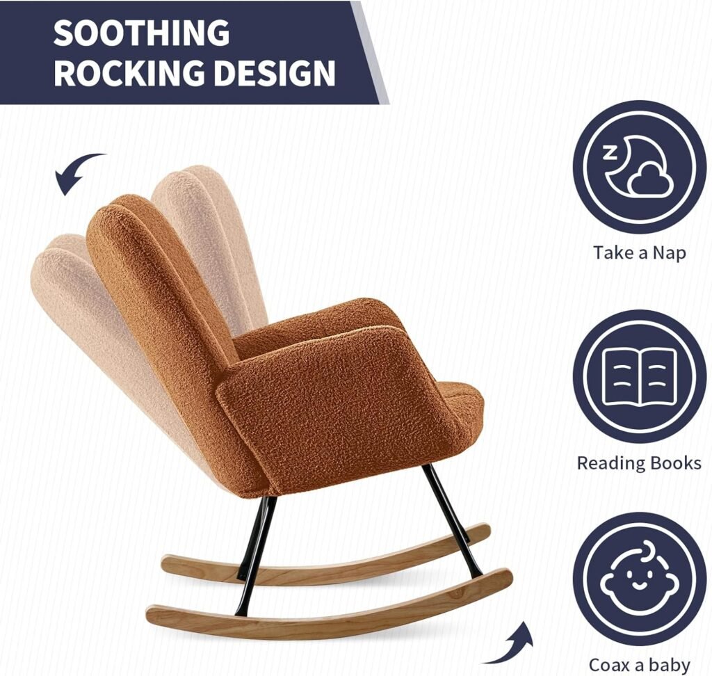 ijuicy Rocking Chair Nursery,Teddy Fabric Upholstered Glider Chair with High Backrest,Modern Rocking Accent Chair for Baby Nursery,Living Room, Bedroom (Brown)