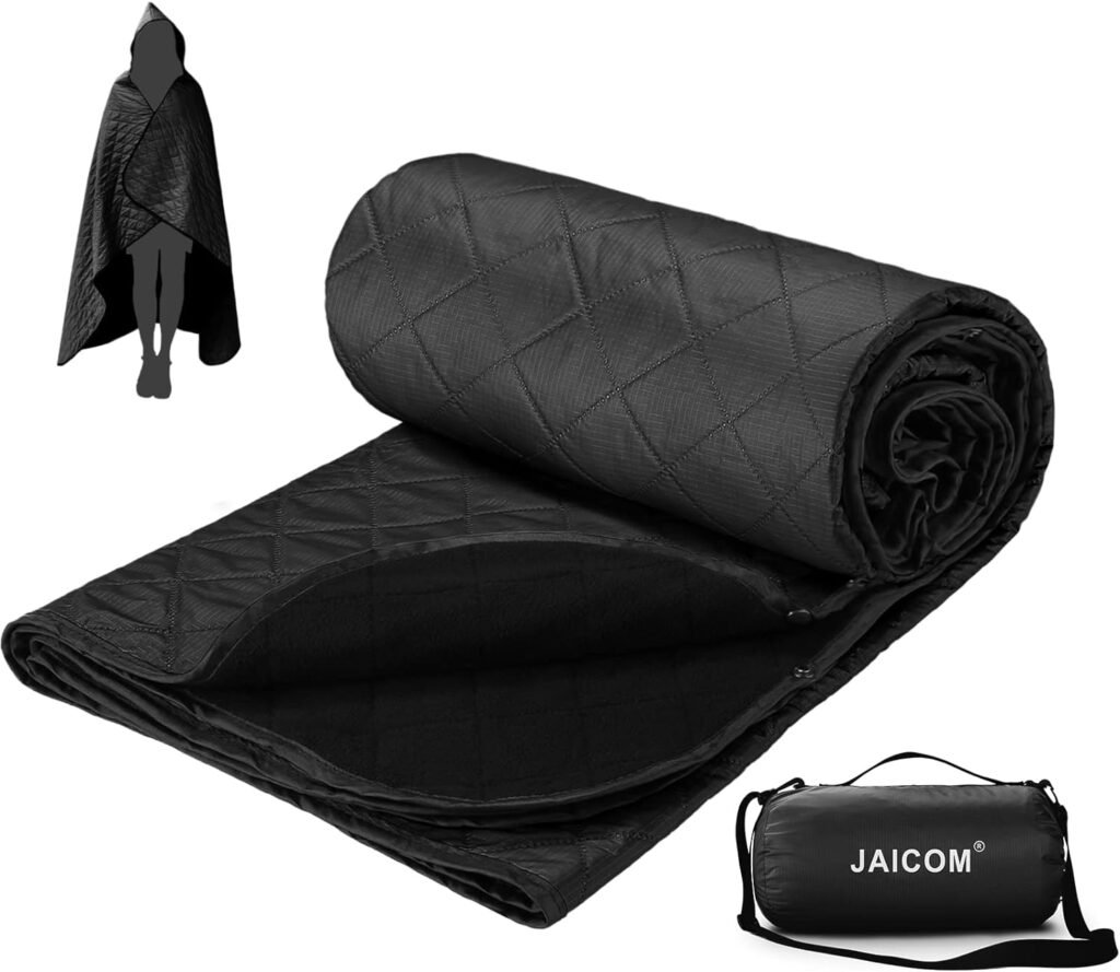 JAICOM Large Outdoor Blanket, Camping Blankets for Cold Weather, Waterproof Windproof Hooded Stadium Blanket (79”x55”) Quilted with Extra Thick Fleece, Great for Camping, Picnic, Beach, Car, Dogs