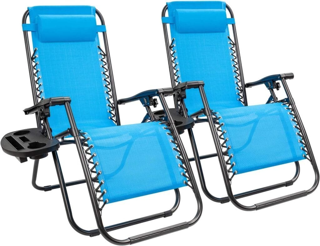 Kemon Zero Gravity Folding Lounge Outdoor Patio Adjustable Reclining Chair with Pillows and Cup Holders for Beach Set of 2, Blue