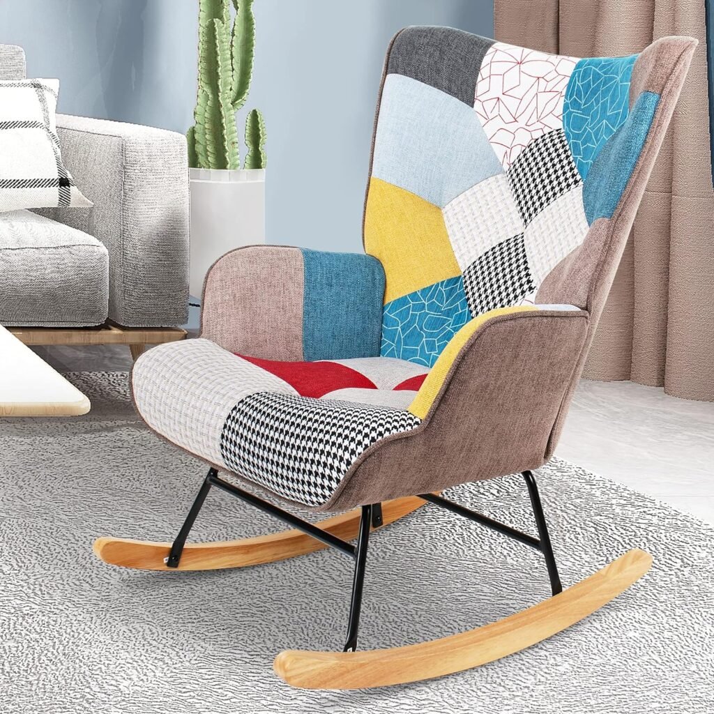 KGOPK Nursery Rocking Chair, Mid Century Upholstered Rocker Glider Chair High Back Armchair with Wood Legs and Patchwork Linen for Livingroom Bedroom