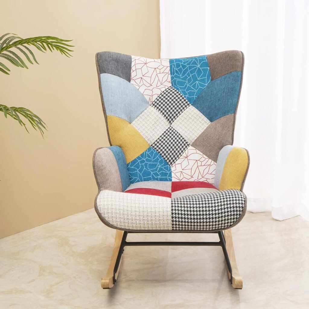 KGOPK Nursery Rocking Chair, Mid Century Upholstered Rocker Glider Chair High Back Armchair with Wood Legs and Patchwork Linen for Livingroom Bedroom