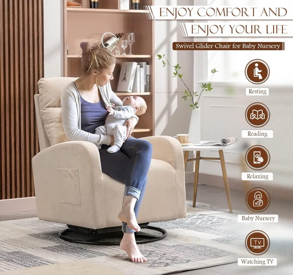 KINFFICT Modern Swivel Glider Chair, Upholstered Accent Glider Rocker for Baby Nursery, Comfy Tall Back Rocking Armchair with Side Pocket and Headrest for Living Room, Bedroom, White Teddy Fabric