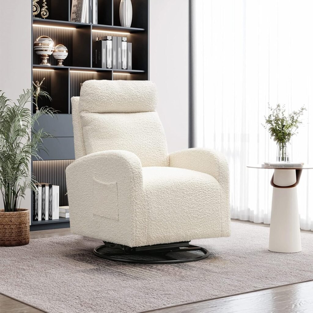 KINFFICT Modern Swivel Glider Chair, Upholstered Accent Glider Rocker for Baby Nursery, Comfy Tall Back Rocking Armchair with Side Pocket and Headrest for Living Room, Bedroom, White Teddy Fabric