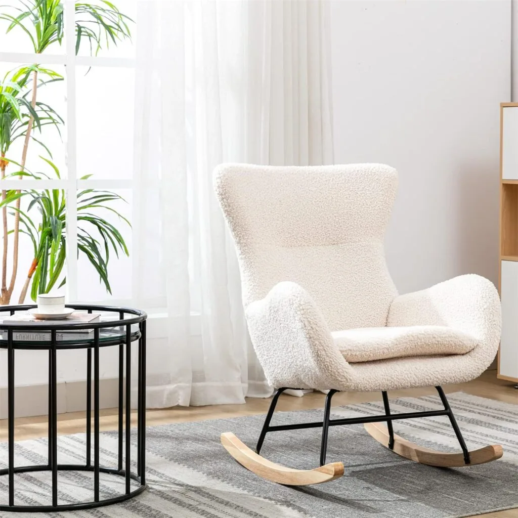 KINFFICT Small Rocking Accent Chair, Uplostered Glider Rocker Armchair for Baby Nursery, Comfy Side Chair for Living Room, Bedroom (Beige), 32D x 26W x 37H in