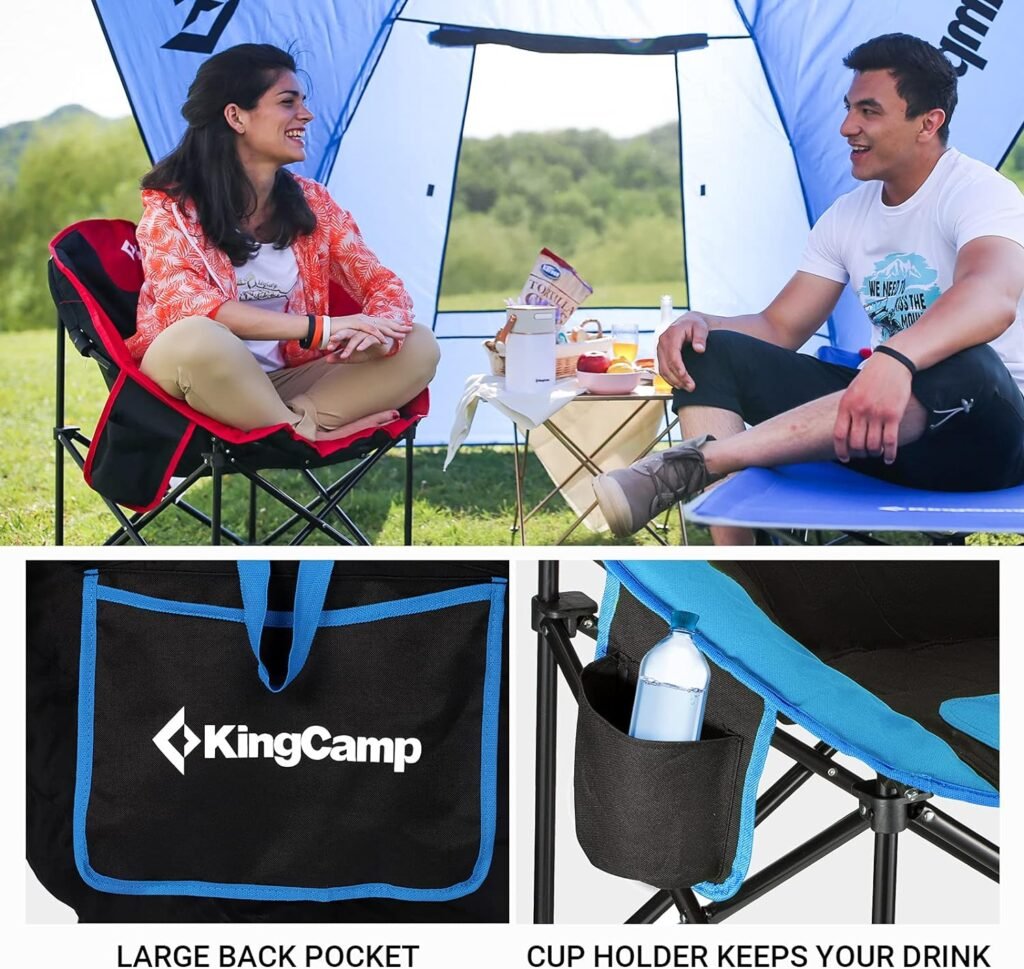 KingCamp Folding Portable Indoor and Outdoor Waterproof Saucer Lounge Camping and Bedroom Chair with Cup Holder and Back Storage Pocket