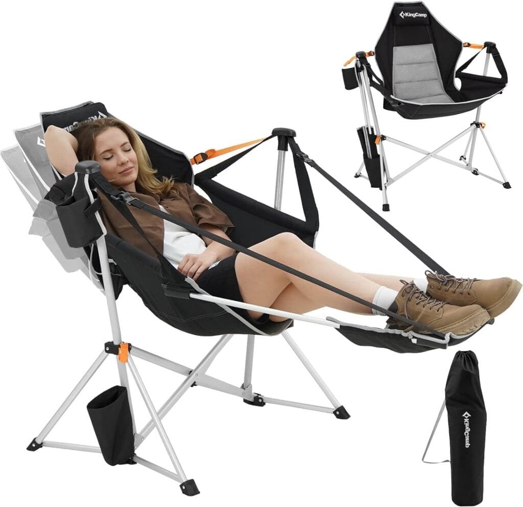 KingCamp Hammock Camping Chair, Aluminum Alloy Adjustable Back Swing Chair Hold Up to 300lbs, Folding Rocking Chair with Removable Footrest Pillow Cup Holder for Adults Outdoor Travel Beach Lawn
