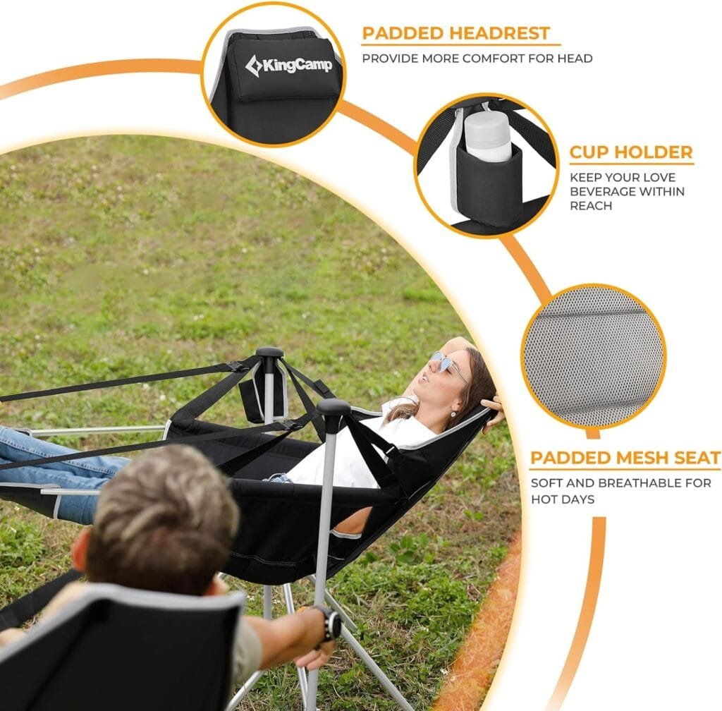 KingCamp Hammock Camping Chair, Aluminum Alloy Adjustable Back Swing Chair Hold Up to 300lbs, Folding Rocking Chair with Removable Footrest Pillow Cup Holder for Adults Outdoor Travel Beach Lawn