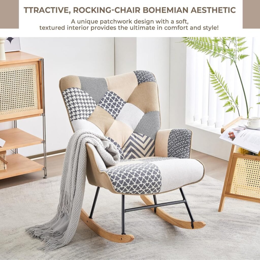 Kosydown Basic Patchwork Rocking Chair, Accent Chair for Bedroom and Living Room, Nursery Rocking Chair Armchair with High Back, Glider Rocker Indoor (Light)