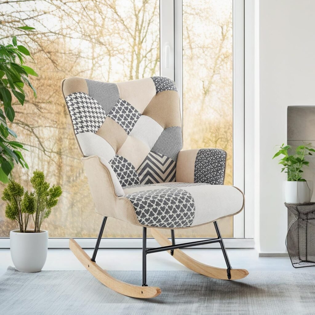 Kosydown Basic Patchwork Rocking Chair, Accent Chair for Bedroom and Living Room, Nursery Rocking Chair Armchair with High Back, Glider Rocker Indoor (Light)