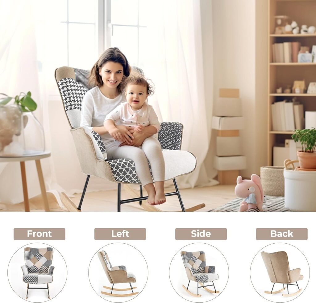 Kosydown Basic Patchwork Rocking Chair, Accent Chair for Bedroom and Living Room, Nursery Rocking Chair Armchair with High Back, Glider Rocker Indoor (Light)