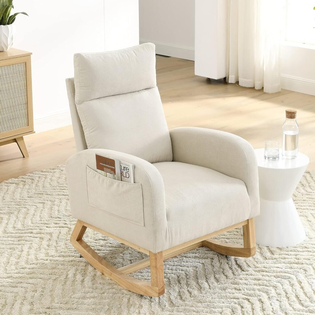 Krinana Nursery Rocking Chair with Solid Wood Legs, Glider Chair for Nursery with Two Side Pockets, Rocker Armchair for Living Room Bedroom (Ivory White, Teddy Fabric)