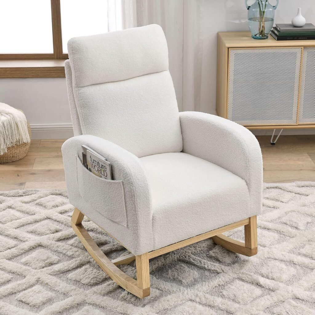 Krinana Nursery Rocking Chair with Solid Wood Legs, Glider Chair for Nursery with Two Side Pockets, Rocker Armchair for Living Room Bedroom (Ivory White, Teddy Fabric)