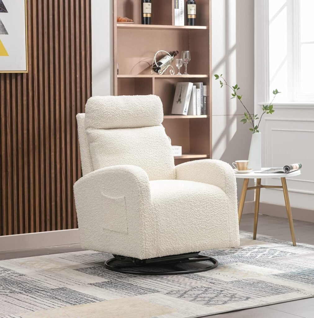 Kurhwyss Swivel Glider Chair for Nursery, Modern Rocker Chair with High Back and Storage Pocket, Upholstered Accent Rocking Chair with Solid Metal Base for Living Room, Bedroom (Cream White Teddy)