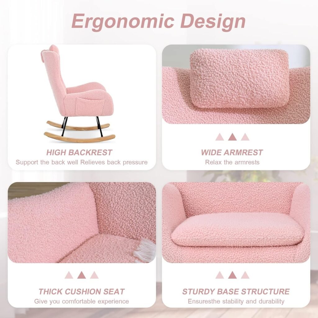 Kvutx Teddy Upholstered Nursery Rocking Chair - Comfy Pink Glider Rocker with Padded Seat, High Backrest, and Armrests for Living Room Bedroom Offices (Pink)