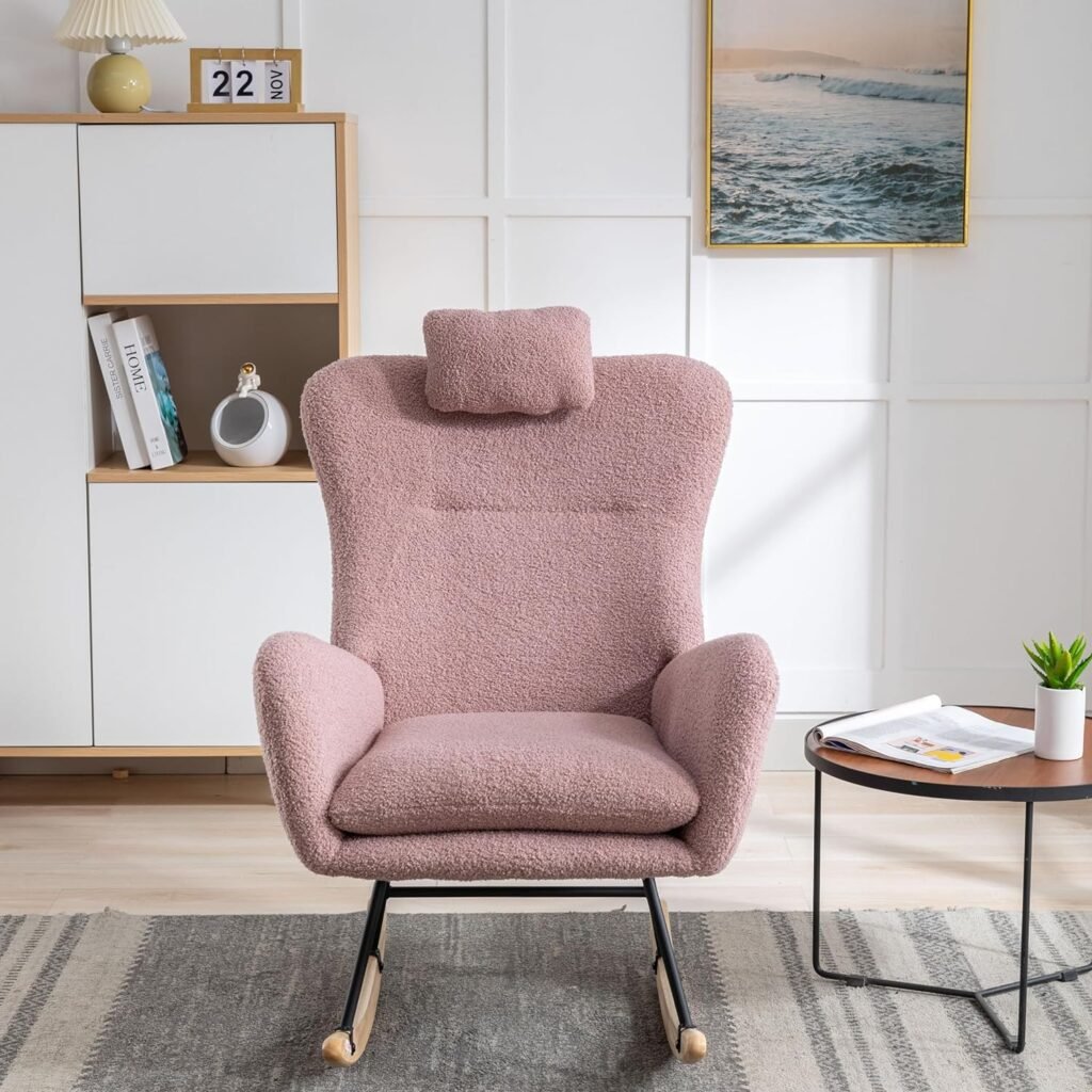 Livavege Rocking Chair, Modern Upholstered Teddy Fabric Nursery Glider with Padded Seat, Wingback  Neckrest, Comfy Lounge Accent Rocker Armchair for Reading in Living Room Bedroom Balcony, Pink