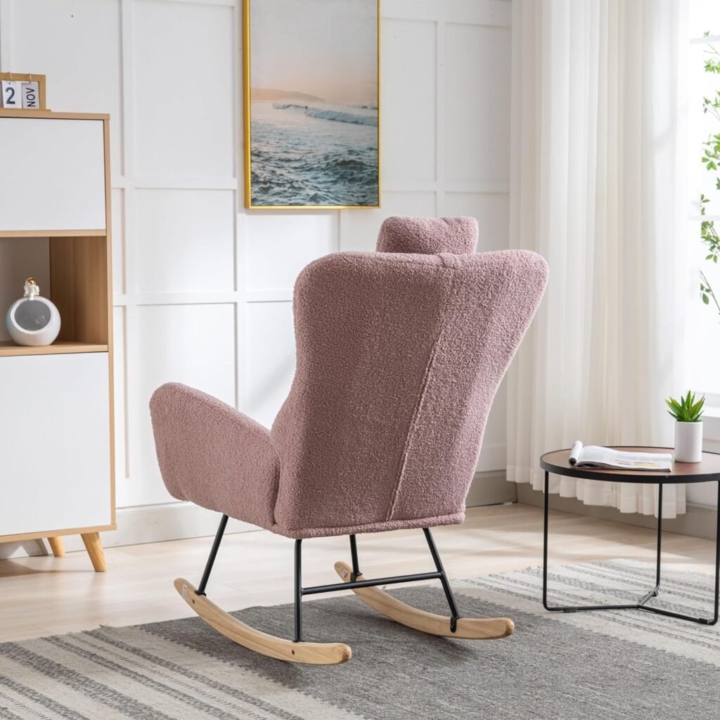 Livavege Rocking Chair, Modern Upholstered Teddy Fabric Nursery Glider with Padded Seat, Wingback  Neckrest, Comfy Lounge Accent Rocker Armchair for Reading in Living Room Bedroom Balcony, Pink