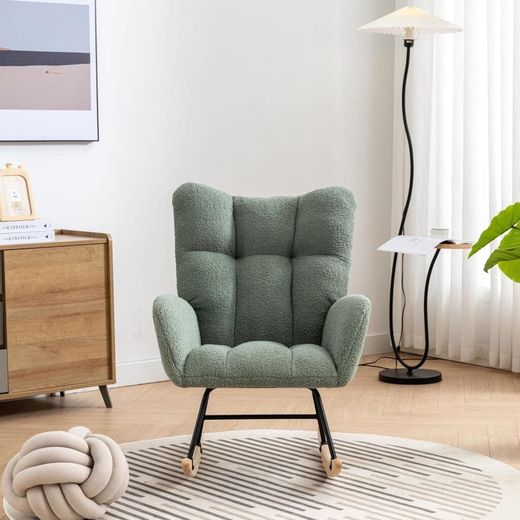 Livavege Rocking Chair, Teddy Fabric Upholstered Glider Rocker with High Wing Backrest and Padded Seat, Modern Comfy Accent Armchair for Baby Nursery, Living Room, Bedroom, Balcony Office, Green