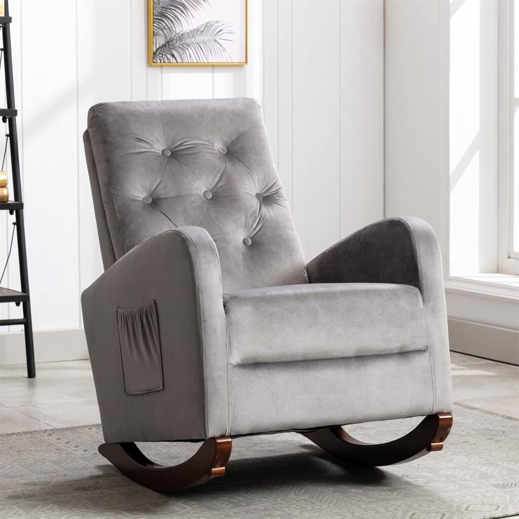 Living Room High Back Rocking Chair Nursery Chair, Comfortable Rocker Fabric Padded Seat, Modern High Back Armchair, Upholstered Rocking Chair (Grey + Velvet)