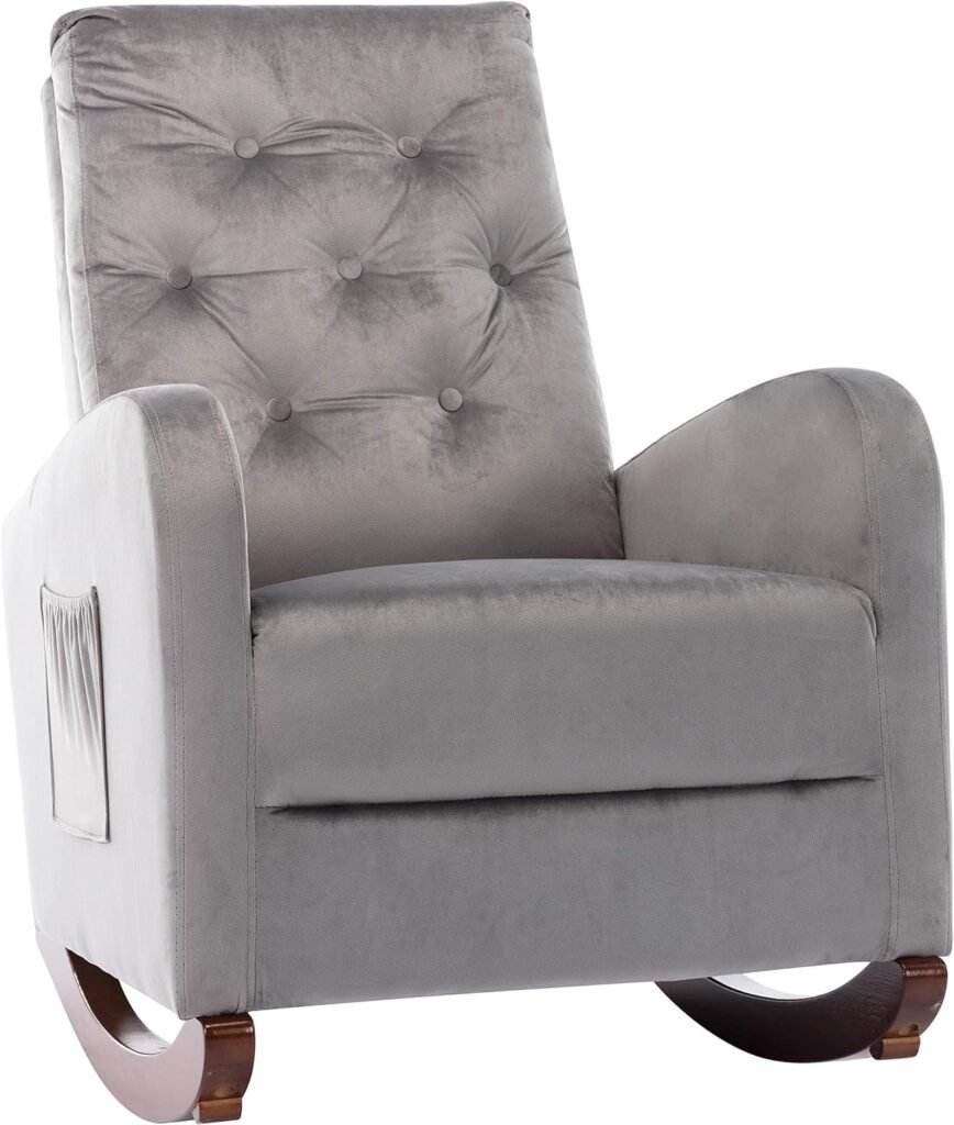 Living Room High Back Rocking Chair Nursery Chair, Comfortable Rocker Fabric Padded Seat, Modern High Back Armchair, Upholstered Rocking Chair (Grey + Velvet)