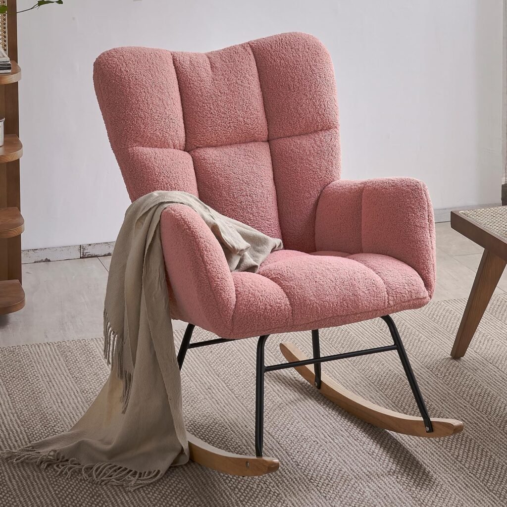 Ljirnt Nursery Rocking Chair, Teddy Fabric Upholstered Glider Rocker with High Backrest, Modern Rocking Accent Chairs Comfy Side Chair for Nursery, Bedroom, Living Room (Pink)