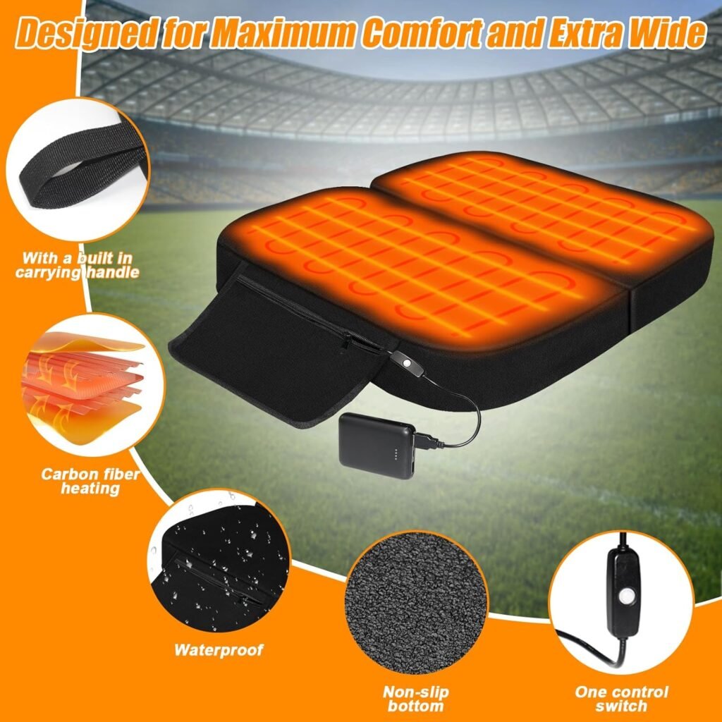 Lslpin Extra Wide Heated Stadium seat, Portable Stadium Seats for Bleachers, Foldable Heating Pad Stadium Cushions with USB Battery Pack, Heated Seat Cushion for Stadium Camping Park Office