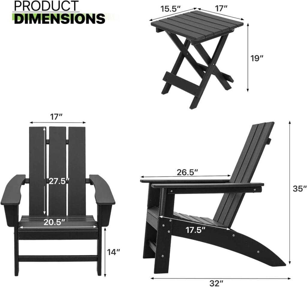 Magshion Adirondack Table and Chairs Set for Outdoor, All-Weather Resistant, Set of 2 Chairs with End Table, Widened Armrest, Slatted Design, Modern Deck Chair for Poolside