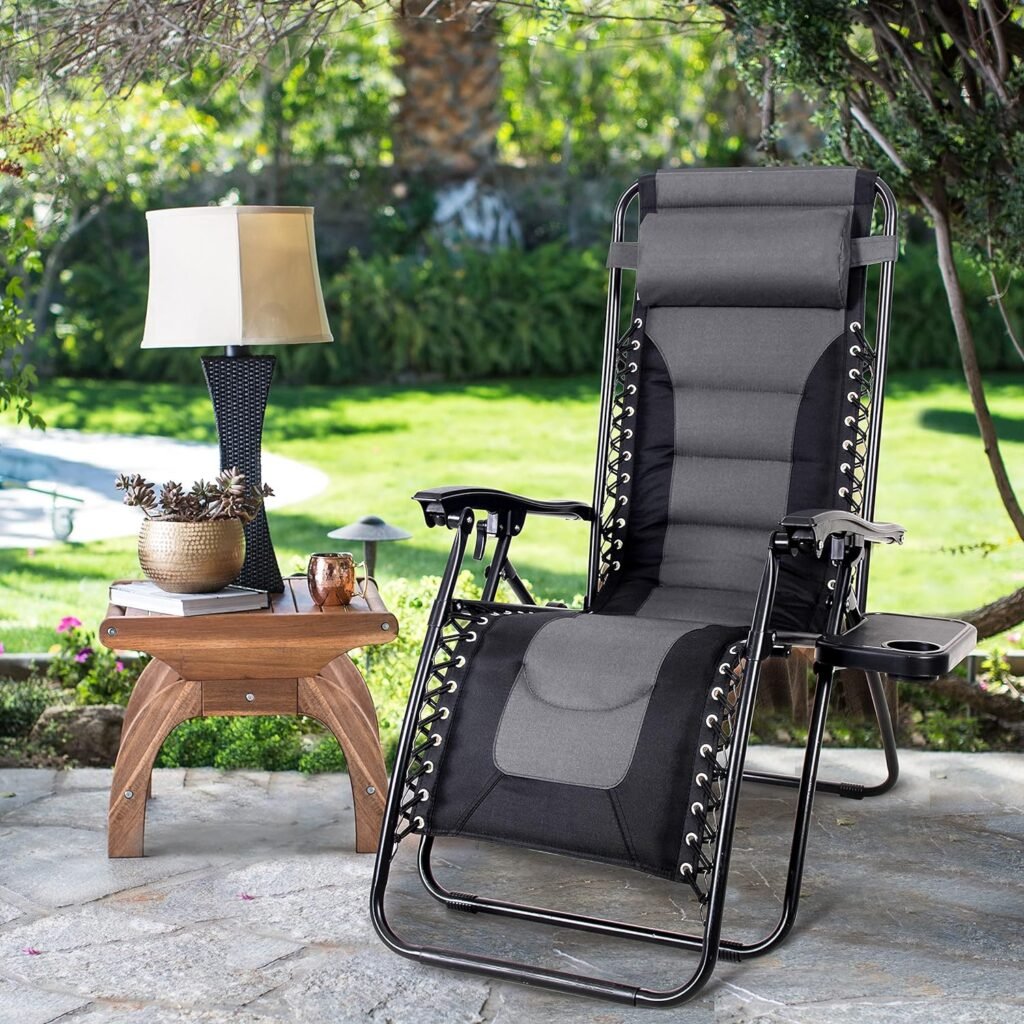 MAISON ARTS Padded Zero Gravity Lawn Chair Lounge Adjustable Recliner w/Pillow  Cup Holder Outdoor Camp Chair for Poolside Backyard Beach, Support 300lbs, Grey