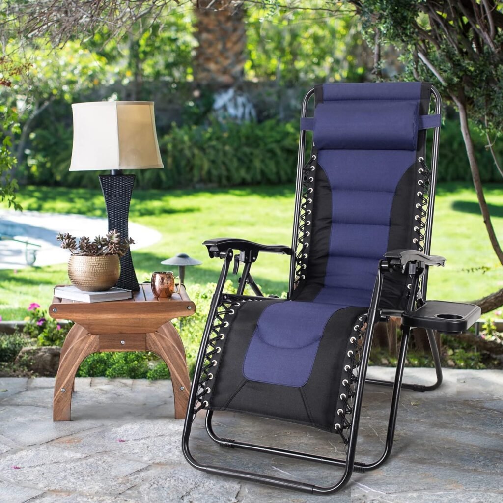 MAISON ARTS Padded Zero Gravity Lawn Chair Lounge Adjustable Recliner w/Pillow  Cup Holder Outdoor Camp Chair for Poolside Backyard Beach, Support 300lbs, Grey