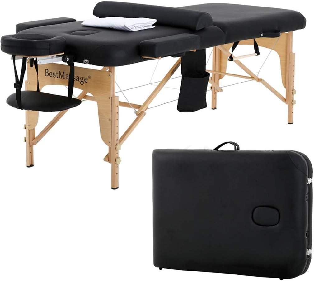 Massage Table Massage Bed Spa Bed Height Adjustable Portable Massage Table 73”L 28”W 2 Fold with Free Head Rest and Carry Case and Half Bolster Table Sheet