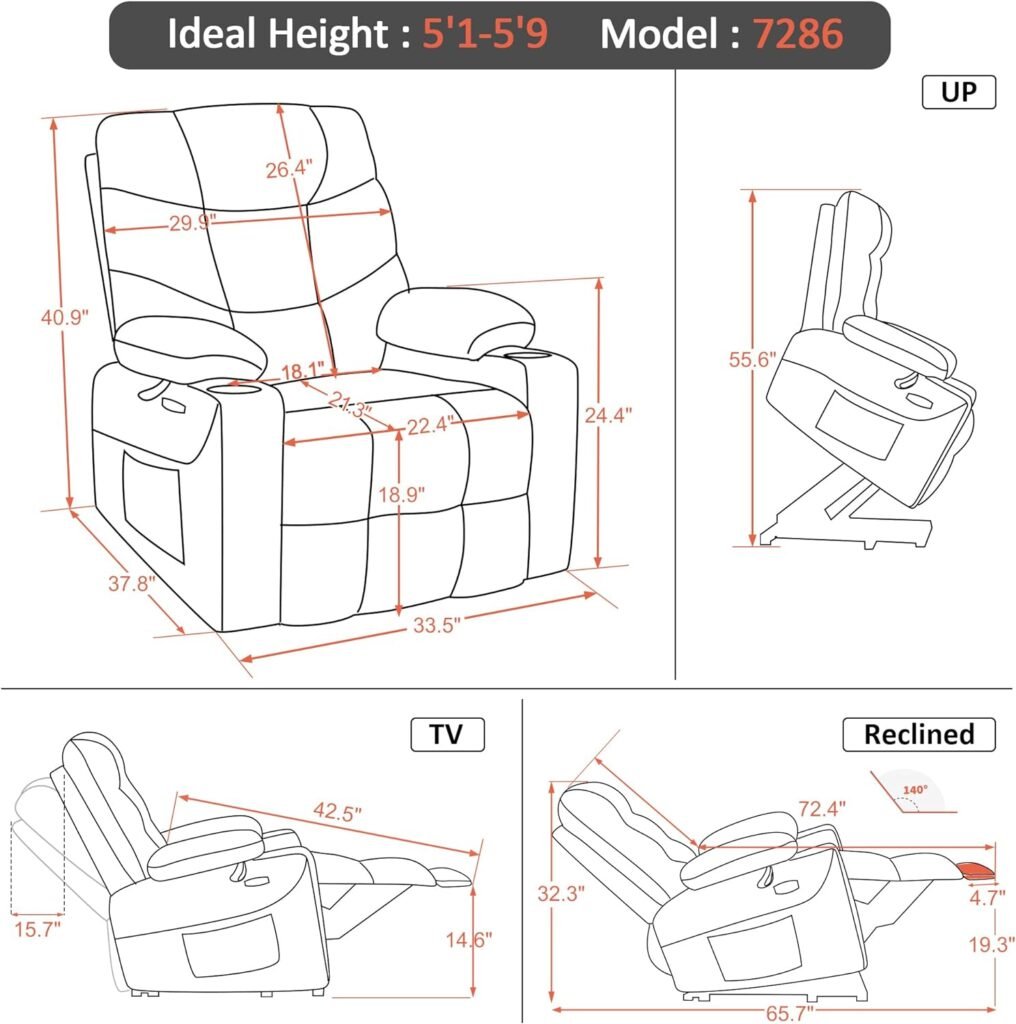 mcombo Power Lift Recliner Chair for Elderly People, 3 Positions, 2 Side Pockets and Cup Holders, USB Ports, Fabric 7287 (Brown)