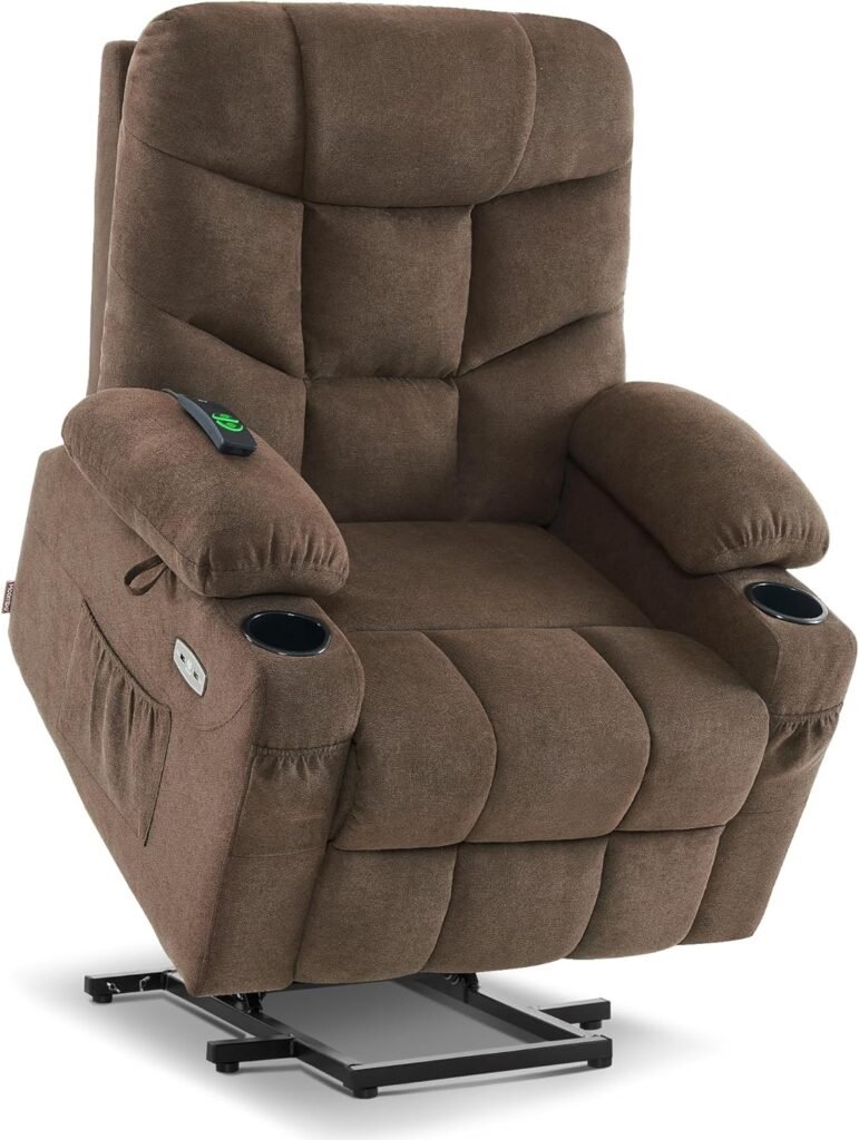 mcombo Power Lift Recliner Chair for Elderly People, 3 Positions, 2 Side Pockets and Cup Holders, USB Ports, Fabric 7287 (Brown)