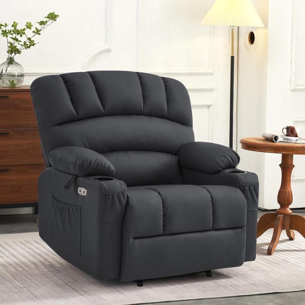 MCombo Power Lift Recliner Chair Sofa with Massage and Heat for Elderly People, Cup Holders, USB Ports, Side Pockets, Faux Leather 7095 (Medium-Regular, Black)