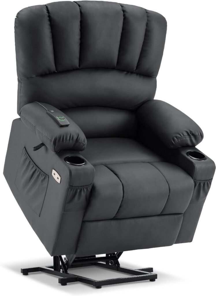 MCombo Power Lift Recliner Chair Sofa with Massage and Heat for Elderly People, Cup Holders, USB Ports, Side Pockets, Faux Leather 7095 (Medium-Regular, Black)