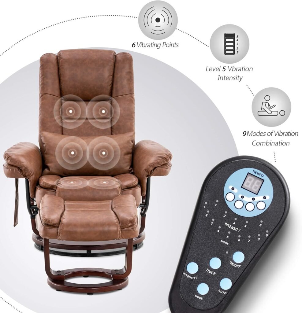 MCombo Recliner with Ottoman Chair Accent Recliner Chair with Vibration Massage, Removable Lumbar Pillow, 360 Degree Swivel Wood Base, Faux Leather 9096 (Cream White)