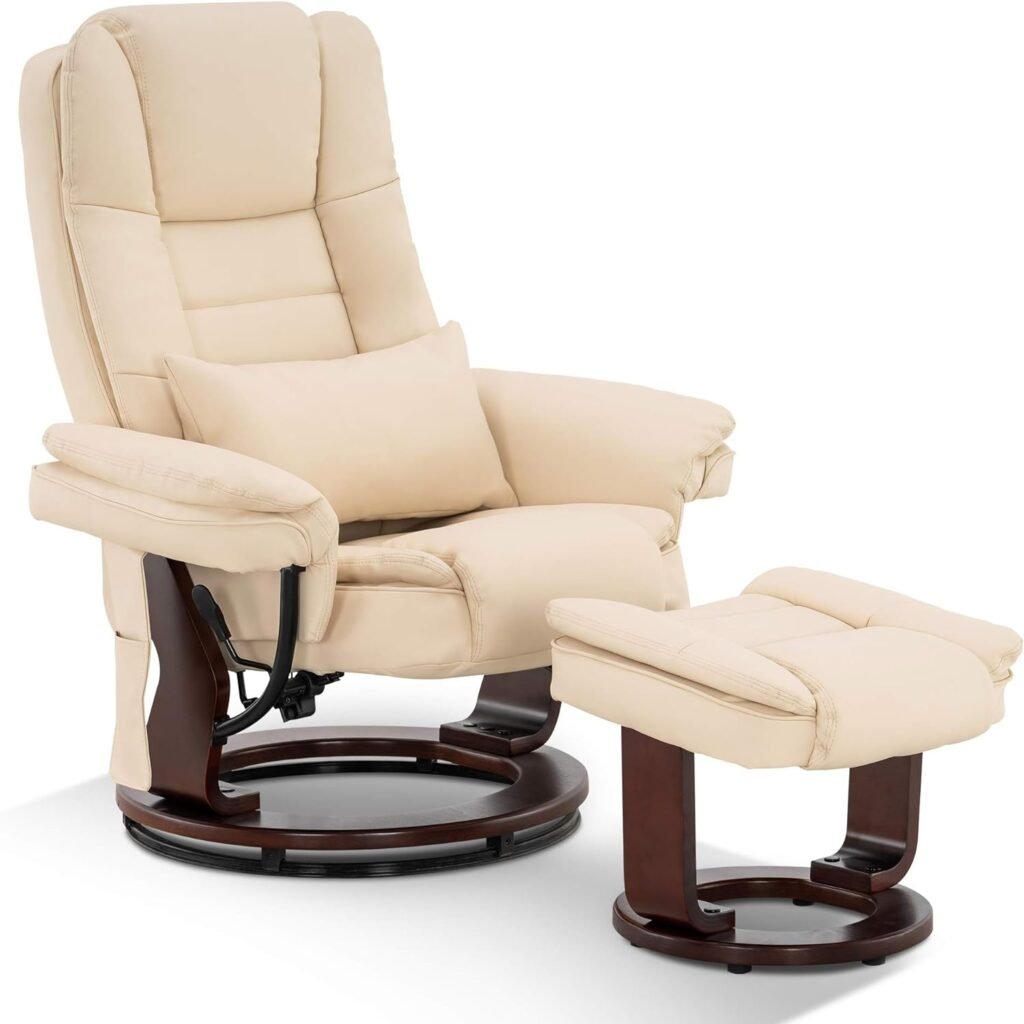 MCombo Recliner with Ottoman Chair Accent Recliner Chair with Vibration Massage, Removable Lumbar Pillow, 360 Degree Swivel Wood Base, Faux Leather 9096 (Cream White)