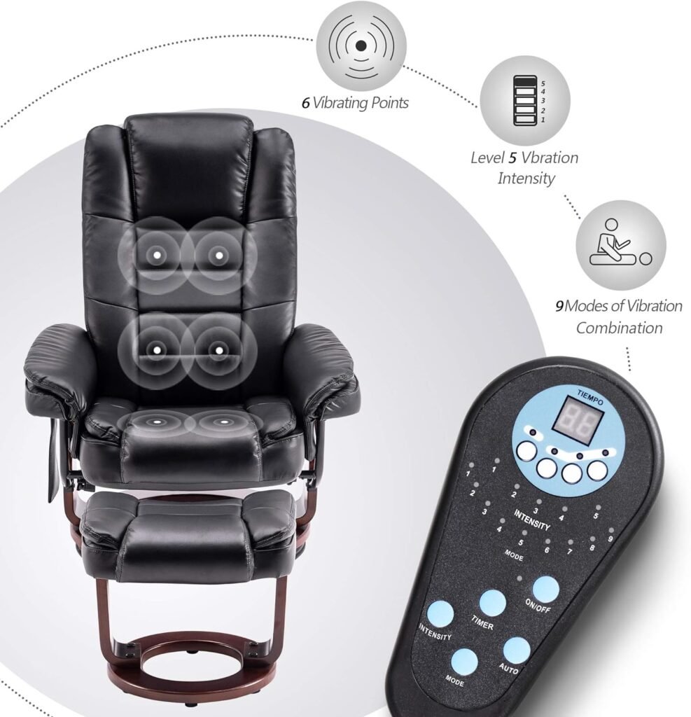 MCombo Recliner with Ottoman Chair Accent Recliner Chair with Vibration Massage, Removable Lumbar Pillow, 360 Degree Swivel Wood Base, Faux Leather 9096 (Cream White)